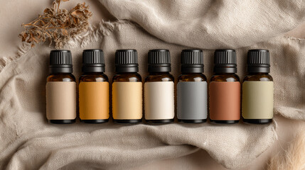 Flat lay of several small essential oil bottles with blank stickers, arranged on a linen cloth over a neutral pastel background. Clean and minimal mockup, 16:9 aspect ratio, stylized for professional 