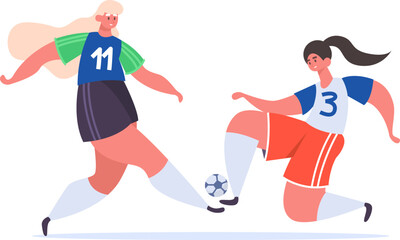 Women soccer players competing for the ball