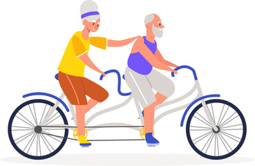 Naklejka premium Elderly couple riding tandem bicycle, enjoying active lifestyle