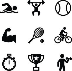 Collection of nine black silhouette icons representing various sports and fitness activities