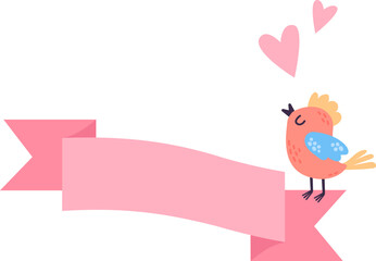 Little bird singing with flying hearts and empty banner