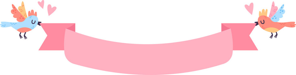 Lovebirds holding pink blank ribbon banner with hearts