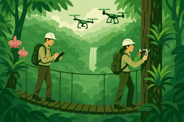 Scientists conduct research in a vibrant rainforest while using drones to monitor wildlife and vegetation amid lush greenery