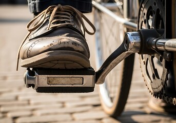 Vintage bicycle pedal detail with leather shoe ready for a ride outdoor