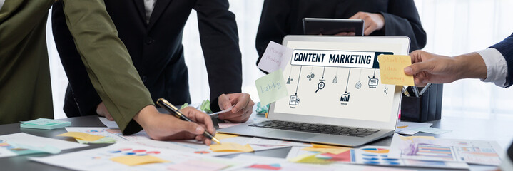 Analyst team use sticky note for creative and analytic brainstorm for business idea with BI data dashboard on laptop screen. Analysis financial data visualization tech for marketing strategy. Prodigy