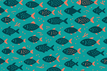 Naklejka premium Colorful fish pattern on a teal background creates a vibrant underwater scene for home decor or fabric design