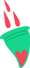 Green menstrual cup with red heart and drops