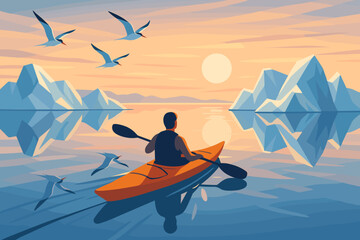 Kayaker paddles through calm waters at sunset surrounded by icebergs and flying birds