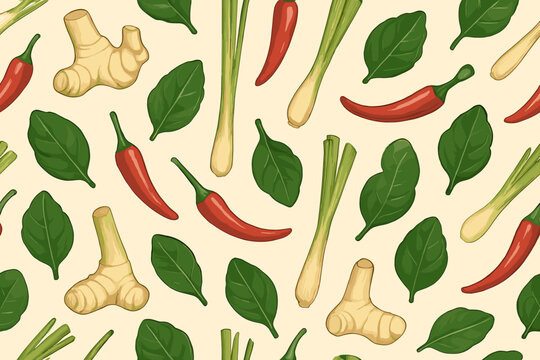 Colorful pattern of herbs and spices on a light background for culinary inspiration and decoration