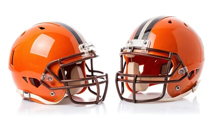 Fototapeta premium Two gleaming orange american football helmets facing each other