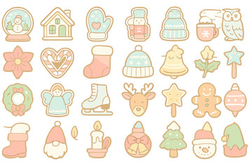 Fototapeta premium Festive collection of illustrated holiday icons including snowmen, ornaments, and gingerbread cookies