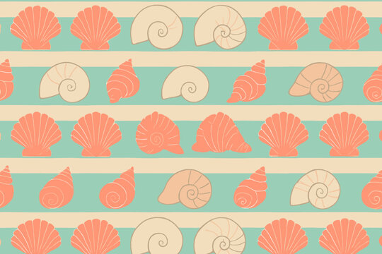 Colorful seashell pattern on a soft turquoise background with alternating designs creating a calming beach vibe