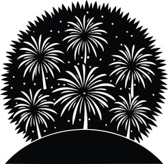Tropical palm tree silhouette with fireworks in the night sky