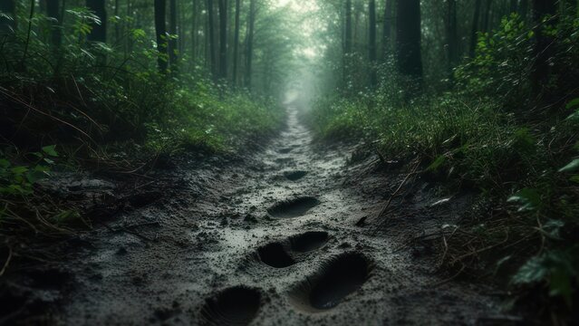 A muddy path winds through a misty forest. Footprints are visible on the damp earth, leading into a hazy distance. Lush greenery surrounds the trail