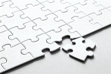 A close-up of a nearly completed white puzzle with a single piece missing, evoking a sense of anticipation and curiosity.