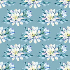 Seamless pattern watercolor moon flowers leaves hand drawn illustration. Painted floral elements. Botanical natural objects. Fabric, print.