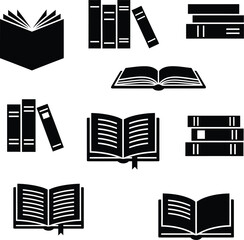 Collection of black silhouette icons of open and closed books