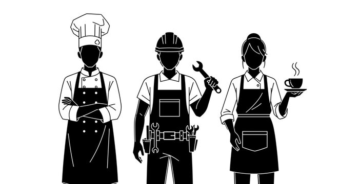 Diverse skilled workers standing confidently ready to work, chef, construction worker, waitress representing teamwork and professional services