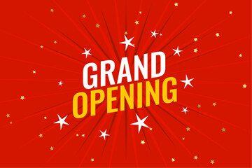 Grand opening celebration with festive stars and burst effect