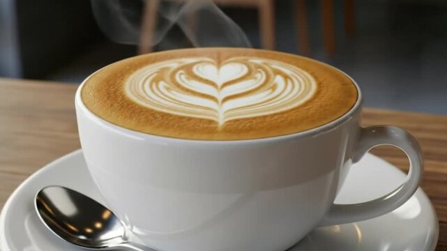 Steaming cup of coffee with latte art on a wooden table video