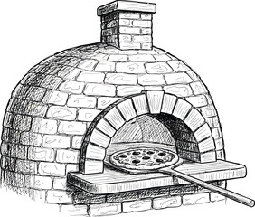 Hand drawn sketch of a traditional stone pizza oven with pizza peel