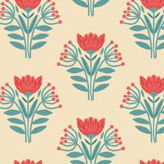 Abstract floral pattern with bold colors and shapes. A lively and colorful abstract floral pattern featuring large, stylized flowers and lush green leaves on a white background..