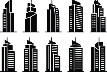 Collection of modern skyscraper silhouettes on white background