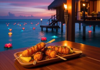 Romantic dinner with floating lanterns on the water at sunset with food on a table