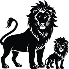 Lion's Pride: A strong black lion and lion cub illustration. Illustrating a powerful family unit and symbol of strength, depicted with a stark aesthetic 