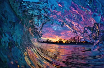 Fototapeta premium Inside a curling wave, vibrant sky peeks through. Water reflects sunset colors