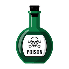 Green glass bottle with poison label and skull symbol.