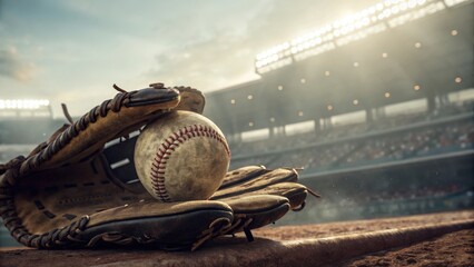 Close-Up of a Worn Softball Mitt with a Ball on a Baseball Field