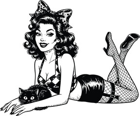 Retro pin up girl with cat and leopard print ears