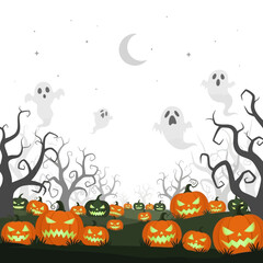 Halloween pumpkins and ghosts in a spooky forest scene.