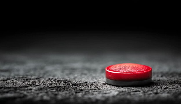 Fingertip presses bright red circular button on rough dark surface. Dramatic lighting creates shadow, highlighting shiny button face. Suggests decision, action, or emergency start.

