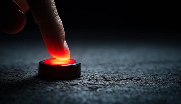 Fingertip presses bright red circular button on rough dark surface. Dramatic lighting creates shadow, highlighting shiny button face. Suggests decision, action, or emergency start.
