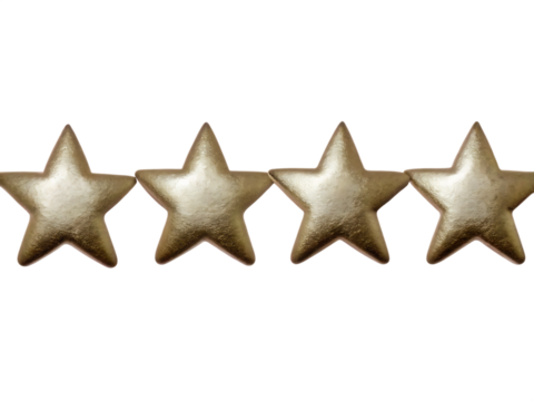 Four golden star shaped stud earrings isolated on a transparent background stars