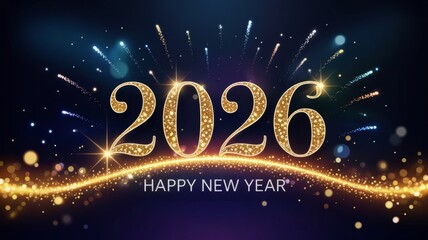 Golden Glitter Happy New Year 2026 Banner with Fireworks
