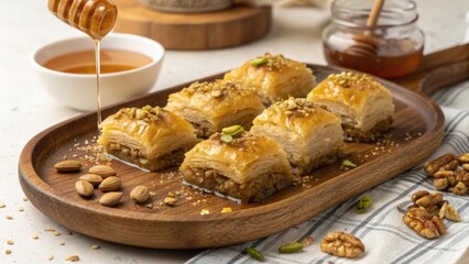 Golden Layered Baklava Pastries on Wooden Tray with Honey Drizzle