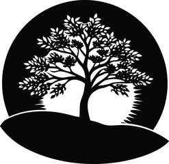 Elegant Silhouette of Nature: A stylized image, a black and white silhouette of a tree with intricate foliage against a circular background that represents the sun or the moon.