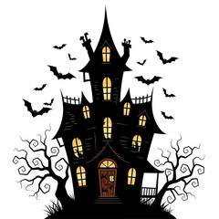 Spooky Haunted House Silhouette with Bats and Bare Trees.