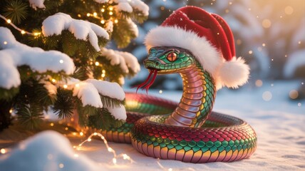 Rainbow Snake with Santa Hat Winter Christmas Art
