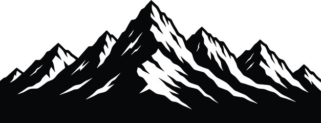 Black and white silhouette of rugged mountain peaks against a white background