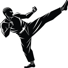 Dynamic Strike: A silhouette of a martial artist poised in mid-kick, displaying the power and grace of the move. The image captures the essence of action.