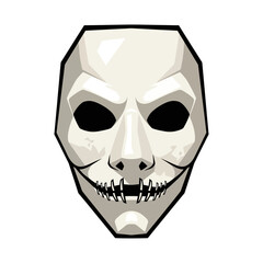 White mask with black eyes and stitched mouth, a symbol of anonymity.