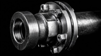 Close up of industrial pipe fitting with metal textures and details