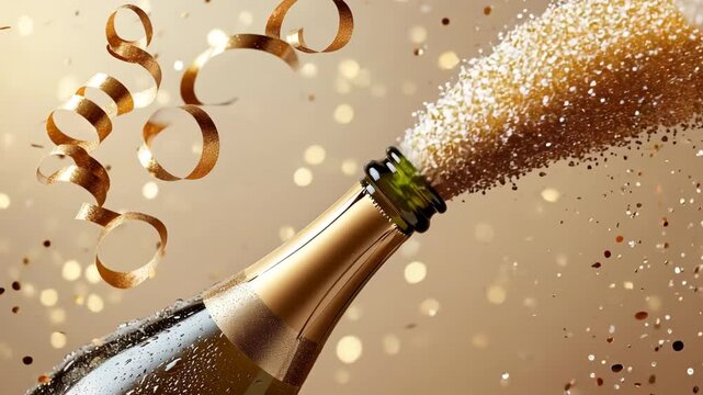 Champagne bottle popping open with a burst of bubbly foam and golden confetti, celebrating a festive occasion with a sense of joy and excitement 4k video
