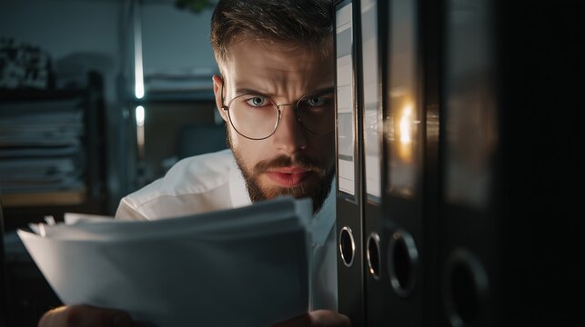 A bearded man in glasses looks tense and wary while reviewing documents in a dimly lit archive room. The image captures workplace pressure, focus, industrial espionage concept.
