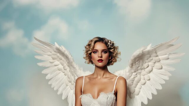 Model poses gracefully with ethereal wings against a pastel background in a fashion-themed artistic display