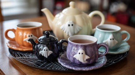 Fototapeta premium Colorful ghost-themed teacups and teapots arranged on a tray for a cozy Halloween tea party